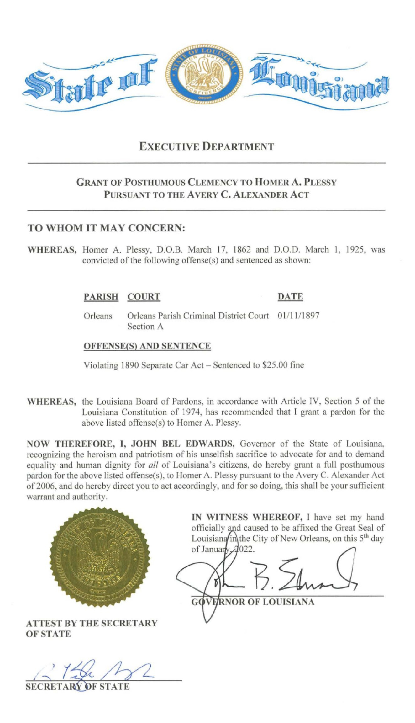 The Pardon of Homer Plessy